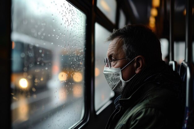 Ein Mann ist unterwegs und schaut während der Covid19-Coronavirus-Pandemie durch das Busfenster