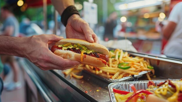 Foto ein mann kauft zwei hotdogs in einem kiosk im freien.