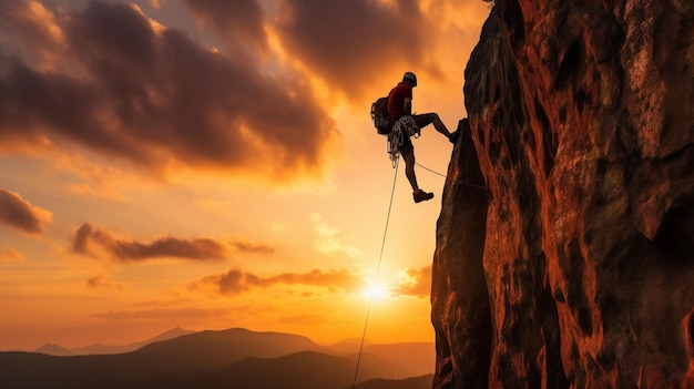 Ein Mann klettert mit einem Seil auf der Schulter einen Berg