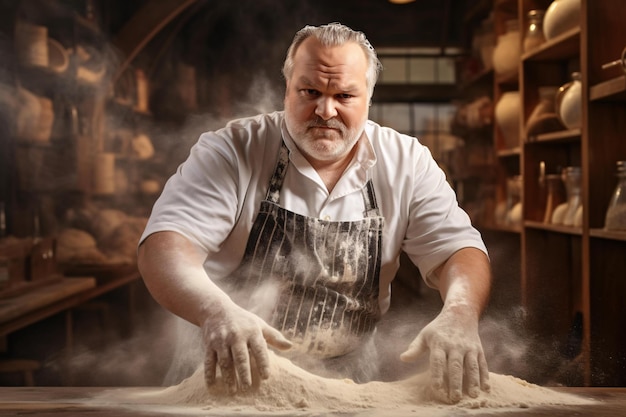 Ein Mann knetet Mehl in einer Schürze