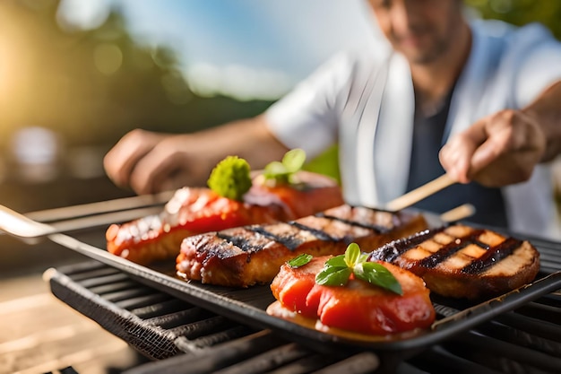 Ein Mann kocht Essen auf einem Grill, während ein Mann einen Aufkleber mit der Aufschrift „kein Essen“ trägt.