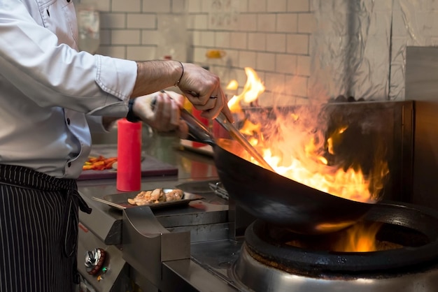 Ein Mann kocht Friteusen in einem Küchenfeuer