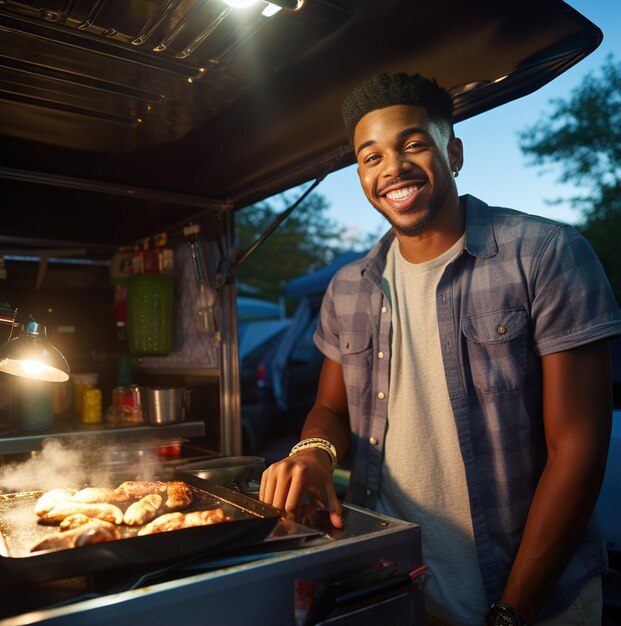 Ein Mann kocht Hühnchen auf einem Grill mit Licht an der Oberseite.