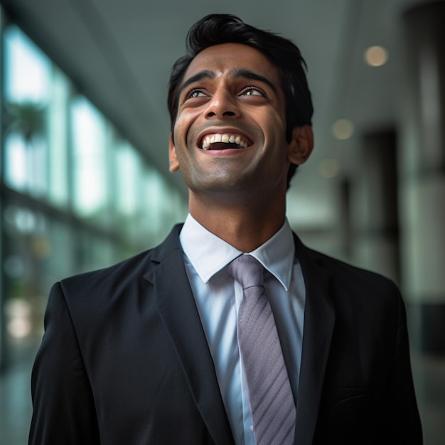 Ein Mann lächelt und lächelt in einem Gebäude mit einer blauen gestreiften Krawatte.