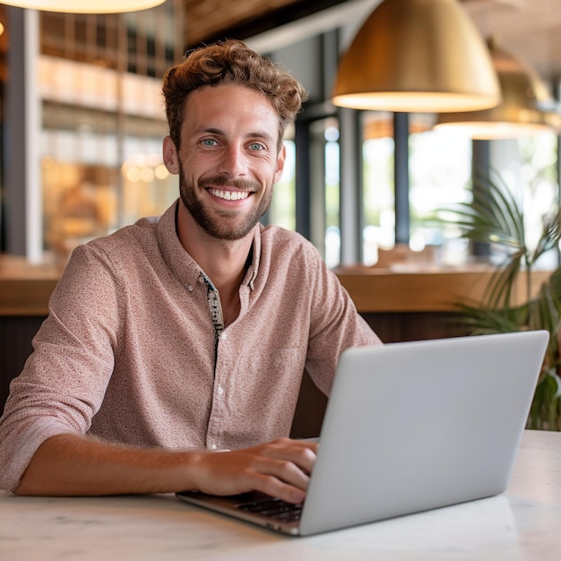 Ein Mann lächelt, während er in einem Restaurant einen Laptop benutzt.