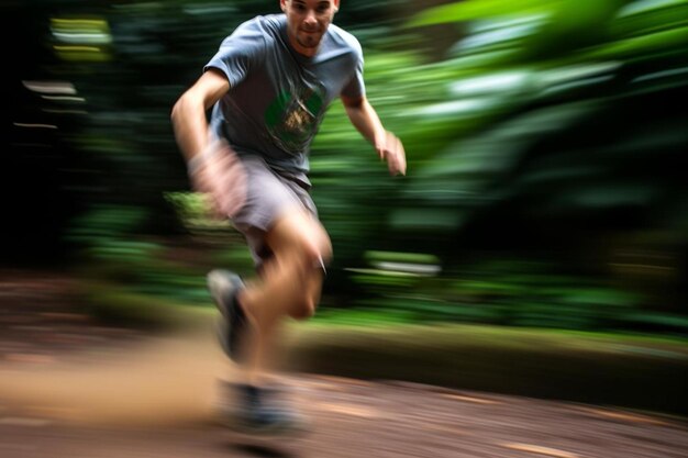 Foto ein mann läuft auf einem pfad mit einem hemd, auf dem steht jogger