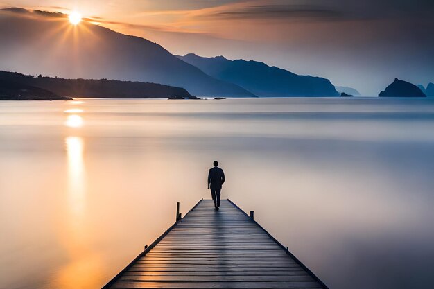 Foto ein mann läuft auf einem pier vor einem berg, während die sonne hinter ihm untergeht