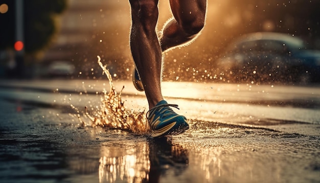 Ein Mann läuft im Regen und trägt das Wort „Run“ auf seinen Schuhen