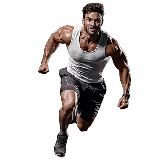 Ein Mann läuft in einem weißen Tanktop und Shorts mit dem Wort „Fitness“ auf der Vorderseite.