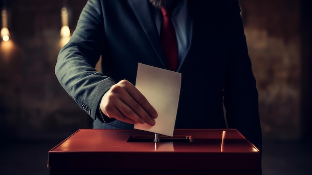 Foto ein mann legt einen stimmzettel in die wahlurne, um bei den wahlen zu stimmen