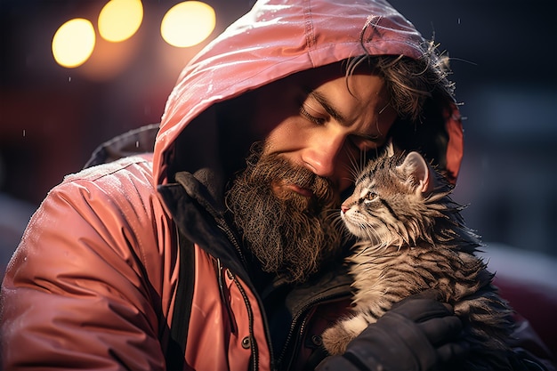 Ein Mann liebt eine süße Katze