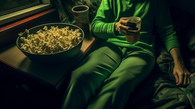 Ein Mann liegt auf einem Bett und isst Popcorn, während er sich an Halloween einen Horrorfilm ansieht