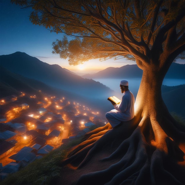 Ein Mann liest den Koran unter einem Baum auf dem Gipfel eines Berges