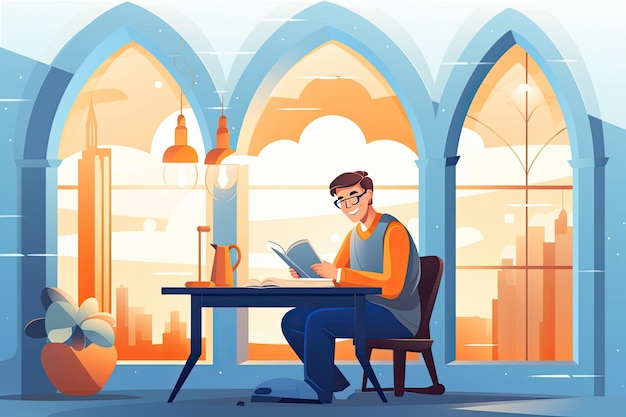 Ein Mann liest ein Buch in der Bibliothek, Illustration im flachen Stil