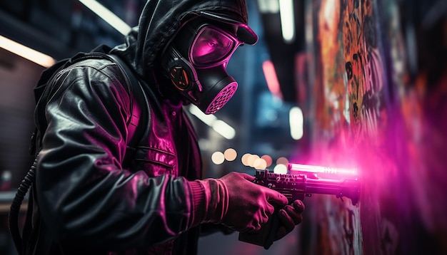 Ein Mann macht Cyberpunk-Graffiti-Kunst mit Sprayfarbe auf der Straße