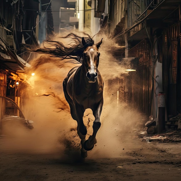 ein Mann macht sich auf den Weg durch die Straßen mit einem unter ihm laufenden Pferd im Stil einer dynamischen Bewegung