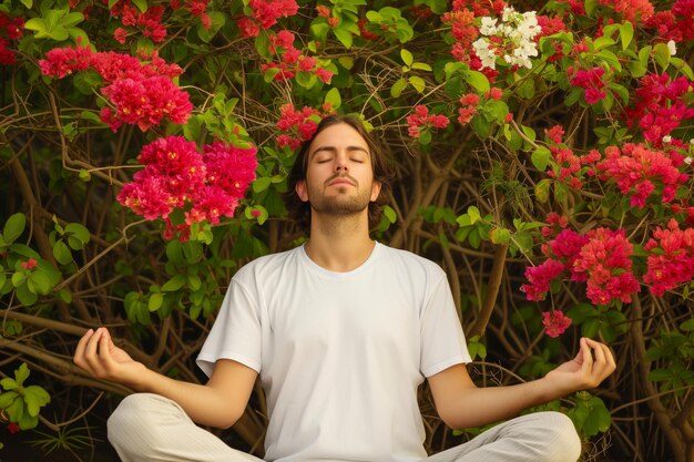 Ein Mann meditiert in der Lotusposition bei einem blühenden Busch