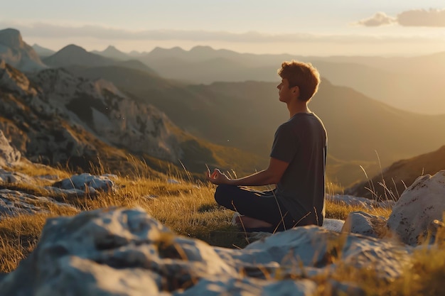 Ein Mann meditiert und macht Yoga vor dem Hintergrund von Bergen und Sonnenuntergang