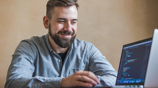 ein Mann mit Bart benutzt einen Laptop mit blauem Bildschirm