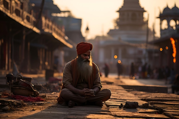 Ein Mann mit Bart betet auf den Knien vor einem Tempel auf der Straße indische Religion und Kultur