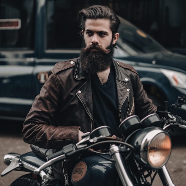 Ein Mann mit Bart, der auf einem Motorrad sitzt Generative KI-Bild