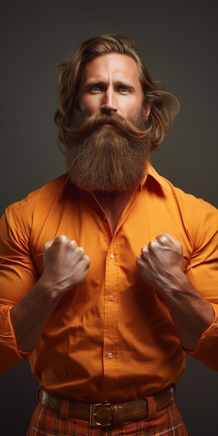 Ein Mann mit Bart, der ein orangefarbenes Hemd mit der Aufschrift „Bart“ trägt.