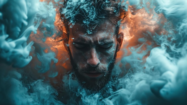 Ein Mann mit Bart, der in Wasser getaucht ist und von Rauch umgeben ist