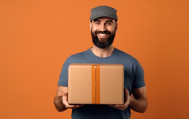 Ein Mann mit Bart hält eine Schachtel mit der Aufschrift "Glückliche Feiertage".
