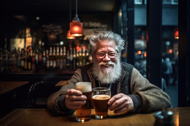 Ein Mann mit Bart sitzt mit zwei Gläsern Bier an einer Bar.