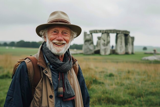 Ein Mann mit Bart steht vor Stonehenge