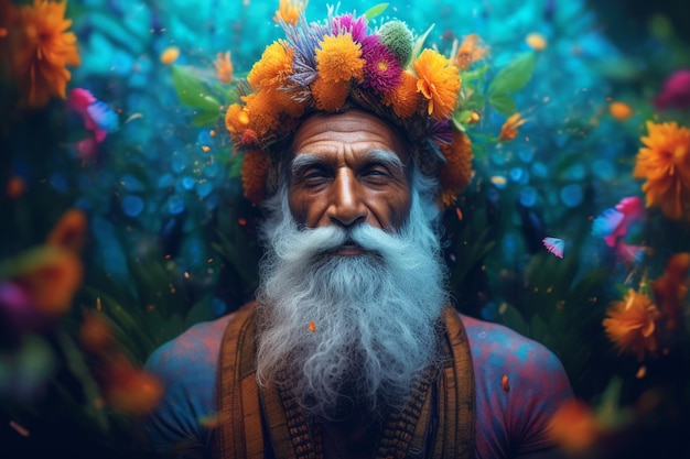 Ein Mann mit Bart und Blumen auf dem Kopf