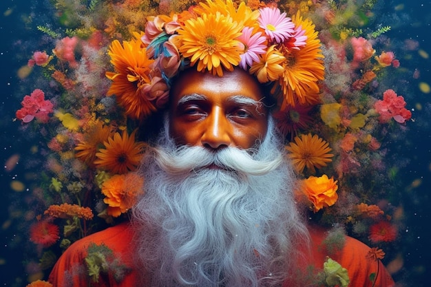 Ein Mann mit Bart und einer Blumenkrone
