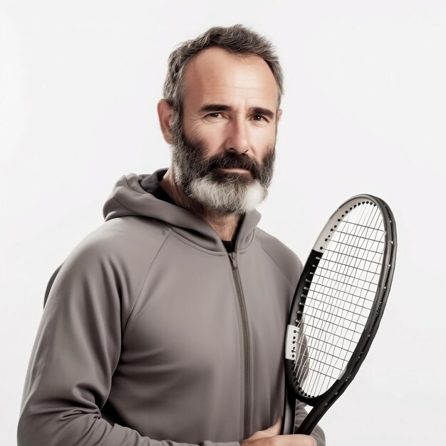 Foto ein mann mit bart und grauem kapuzenpullover hält einen tennisschläger.