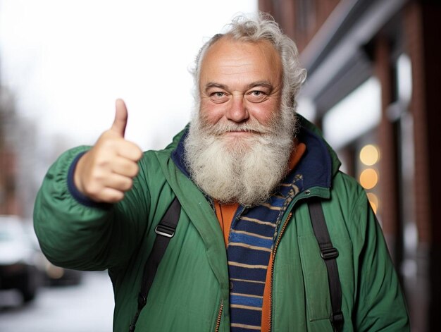 Foto ein mann mit bart und grüner jacke mit der aufschrift „daumen hoch“.