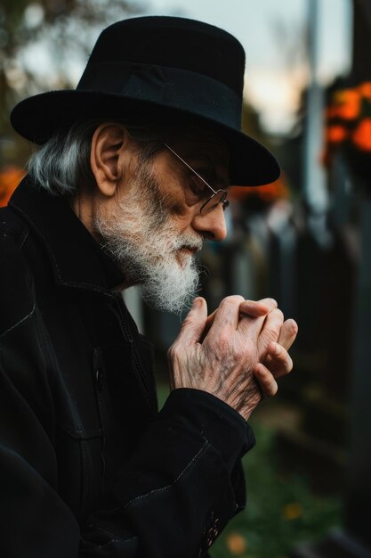 Foto ein mann mit bart und hut betet, geeignet für religiöse und spirituelle konzepte.