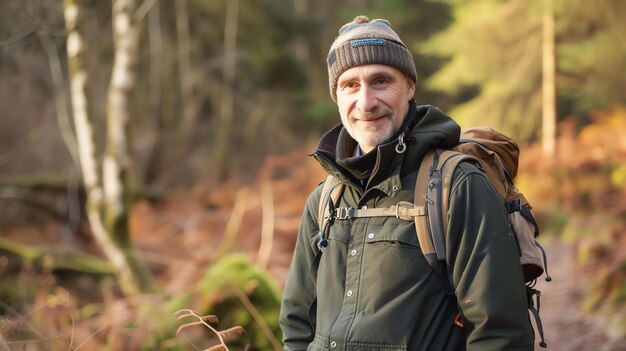 Ein Mann mit Bart und Mütze lächelt, während er durch den Wald wandert, er trägt eine grüne Jacke und einen braunen Rucksack.