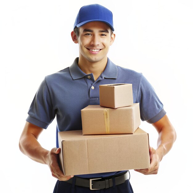 ein Mann mit blauem Hut, der Kisten hält, ein Liefermann, der Kartonpakete hält