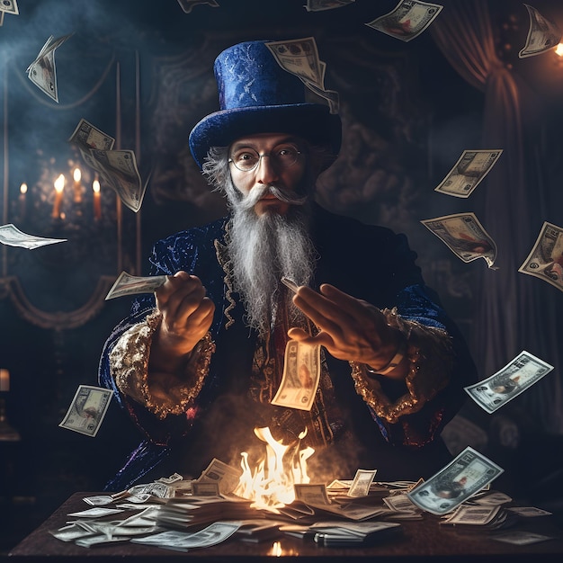Ein Mann mit blauem Oberteil und blauem Hut sitzt an einem Tisch, während Geld vom Himmel fällt.