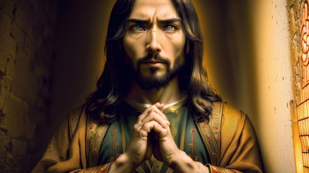 Ein Mann mit blauen Augen und einer goldenen Krone betet mit zum Gebet gefalteten Händen.