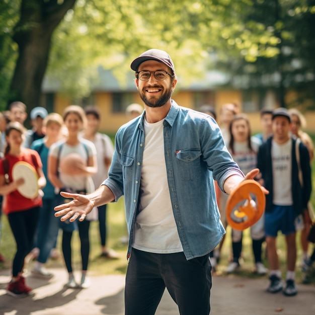 Ein Mann mit blauer Jacke und weißem Hemd hält einen orangefarbenen Frisbee.