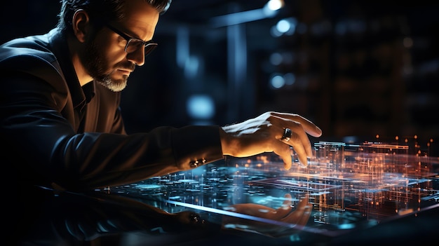 Ein Mann mit Brille arbeitet an einem Computer mit einem leuchtenden Bildschirm. Generative KI