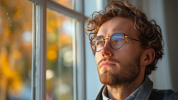 Ein Mann mit Brille, der aus dem Fenster schaut