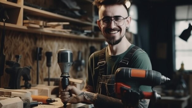 Ein Mann mit Brille hält in seiner Werkstatt eine Bohrmaschine in der Hand.