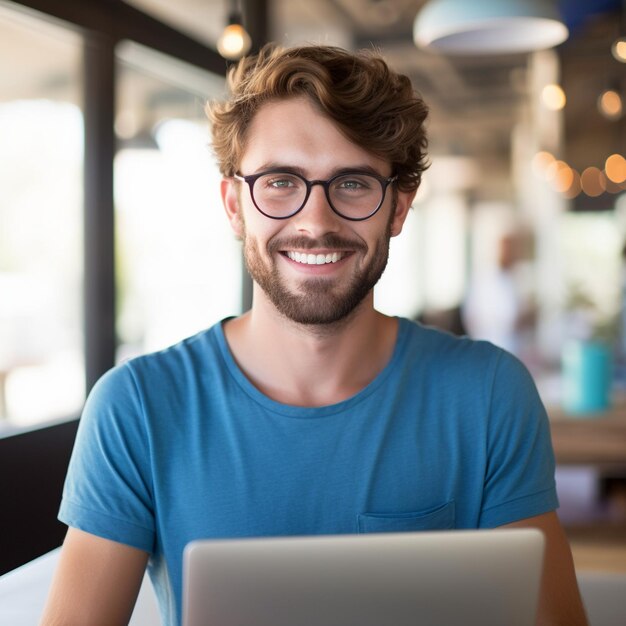 Ein Mann mit Brille lächelt, während er einen Laptop benutzt.