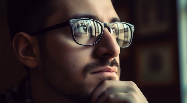 Ein Mann mit Brille schaut auf ein Fenster mit der Aufschrift „Ich bin kein Schriftsteller“.