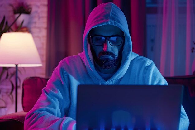 ein Mann mit Brille schaut auf einen Laptop-Computer