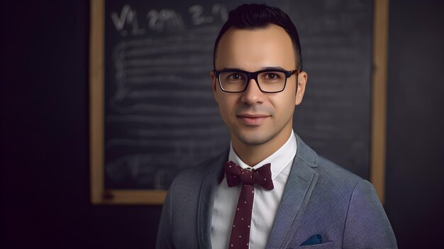 Ein Mann mit Brille steht vor einer Tafel, auf der das Wort „“ steht.