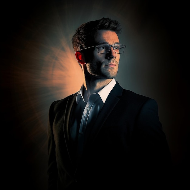 ein Mann mit Brille und Anzug mit einem Licht hinter ihm.