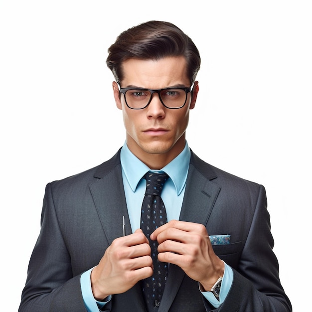 ein Mann mit Brille und Anzug mit Krawatte mit der Aufschrift „er trägt“
