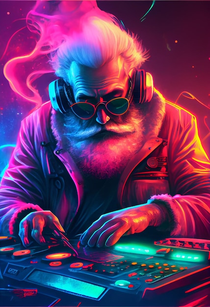 Ein Mann mit Brille und Bart, der eine Jacke mit der Aufschrift „DJ“ trägt
